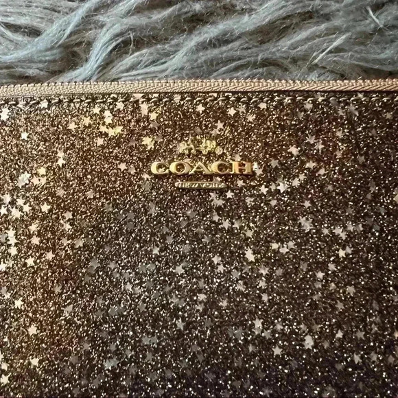 Coach Star Glitter Gold Printed Coated Canvas Corner Zip Wristlet Wallet - Picture 6 of 8